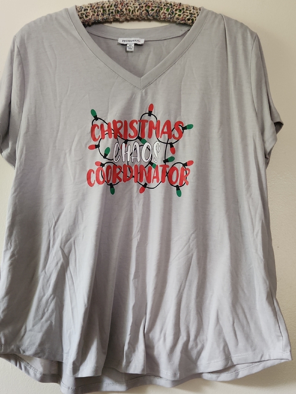 Freshman Light Gray V-Neck Tee with Red and Green Holiday Lights